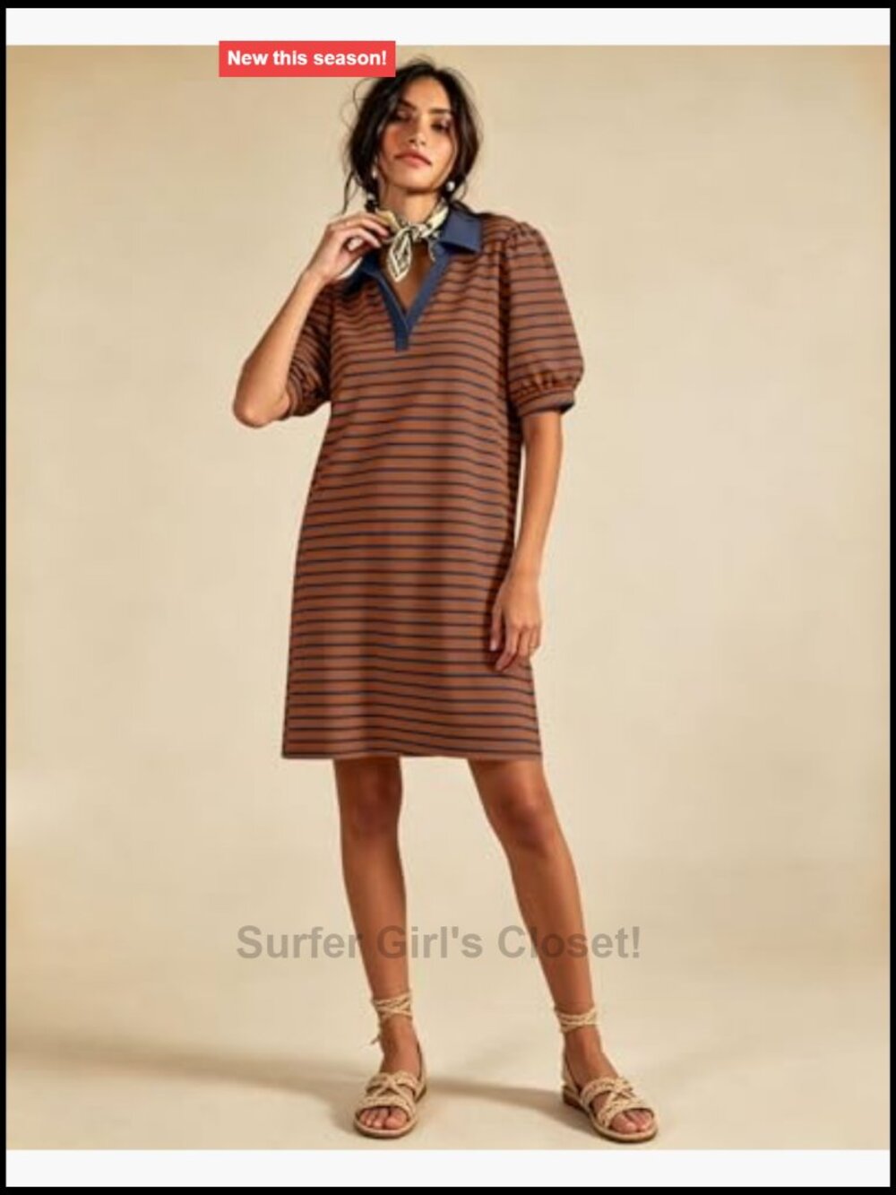 Striped V Neck Puff Short Sleeve A-Line Dress with Pockets - Picture 5 of 7
